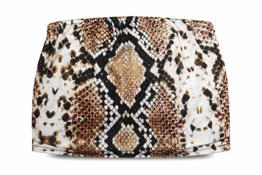 Front view of PRETTYLITTLETHING women’s multicoloured animal print viscose cropped tank, size UK 6, off the shoulder