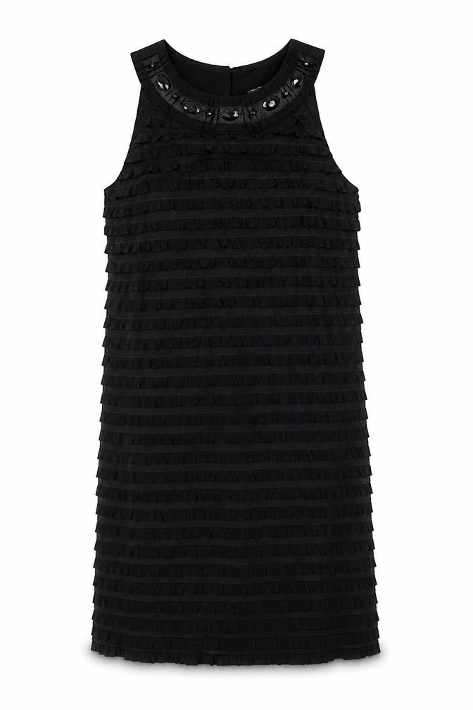 Front view of S.L. Fashions women’s black polyester a-line, size UK 8, round neck button