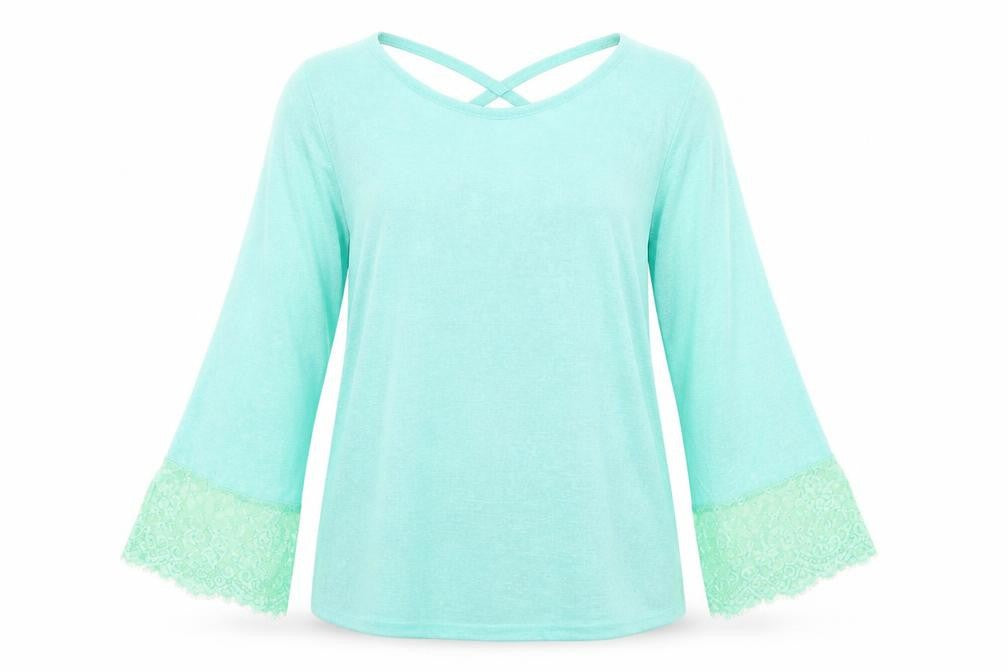 Front view of Paramour women’s blue polyester basic t-shirt, size M, round neck - lace trim lseeve