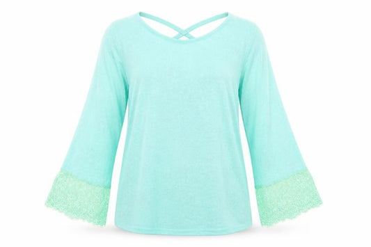Front view of Paramour women’s blue polyester basic t-shirt, size M, round neck - lace trim lseeve