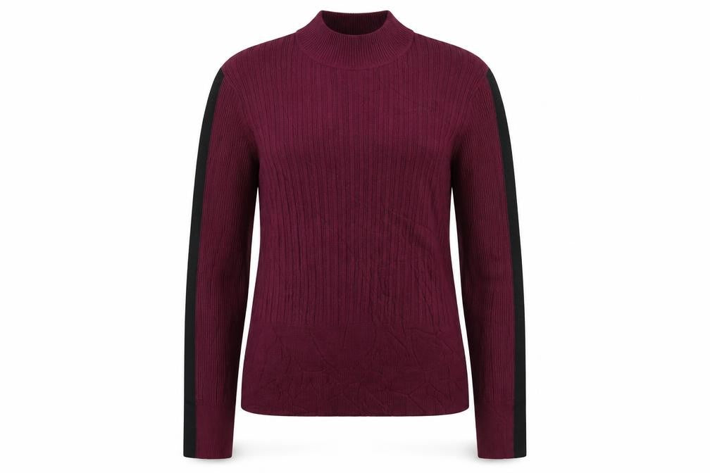 Front view of Marks & Spencer women’s purple high neck viscose jumper, size UK 14