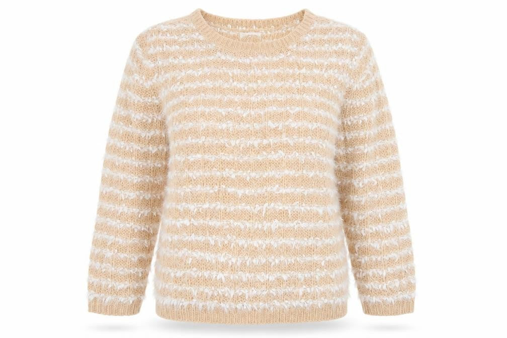 Front view of Savida women’s beige crew neck striped acrylic jumper, size S