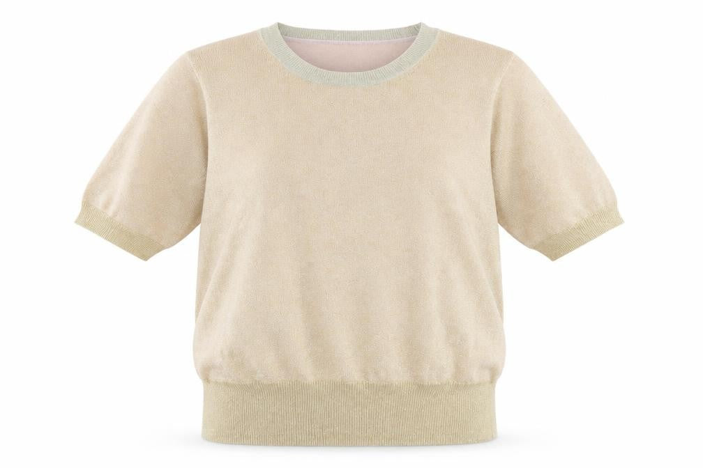 Front view of Marks & Spencer women’s gold crew neck viscose jumper, size L