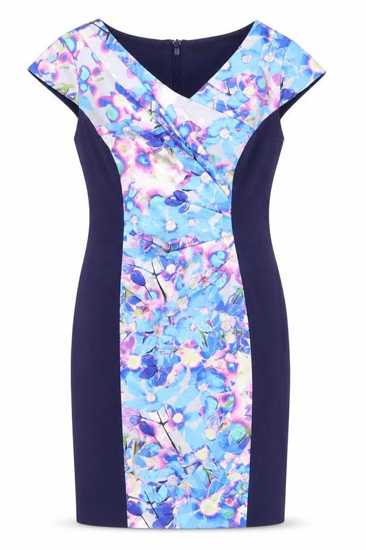 Front view of Coast women’s multicoloured floral acetate bodycon, size UK 10, v-neck zip - asymmetric neckline