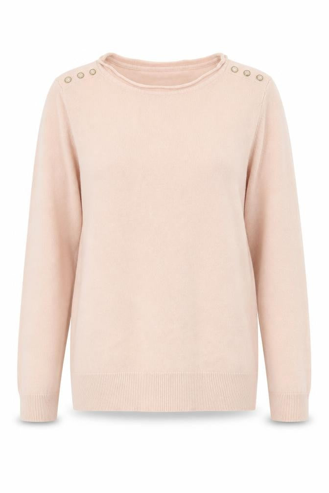 Front view of Atmosphere women’s pink round neck acrylic jumper, size UK 8