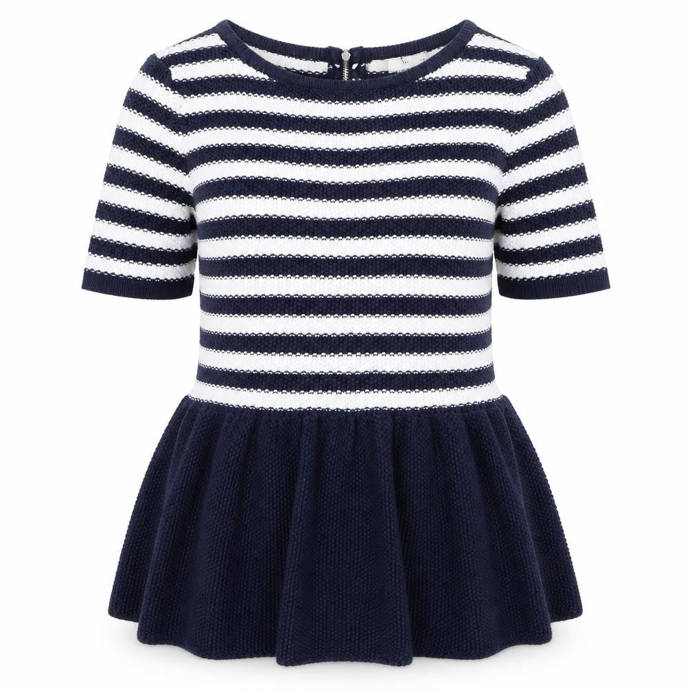 Front view of Tu women’s blue round neck striped acrylic jumper, size UK 12