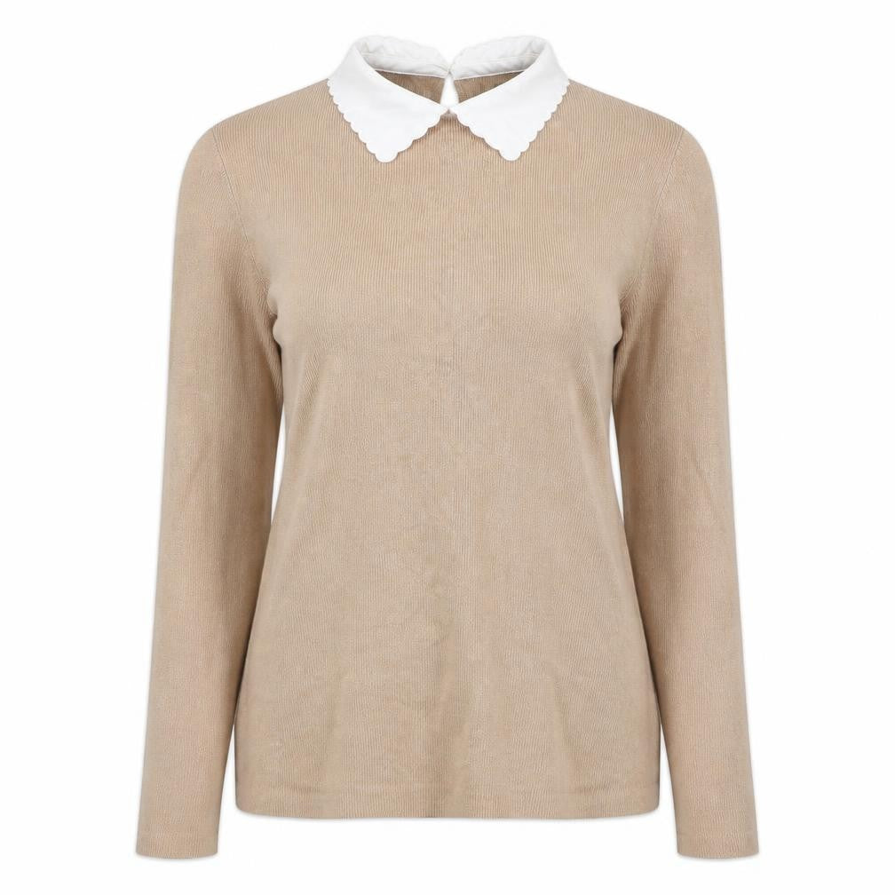 Front view of Dorothy Perkins women’s beige collared viscose jumper, size UK 8