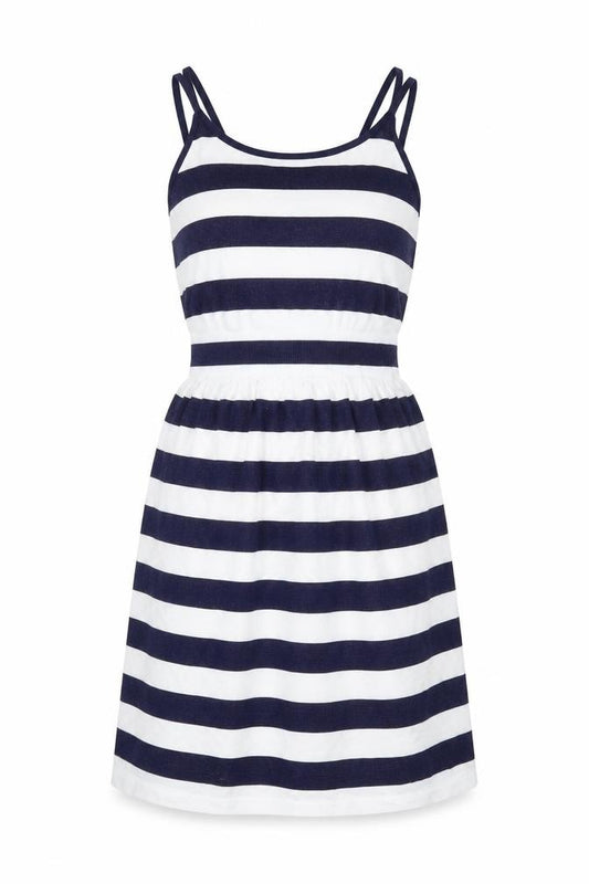 Front view of Atmosphere women’s blue striped polyamide fit & flare, size S, off the shoulder pullover