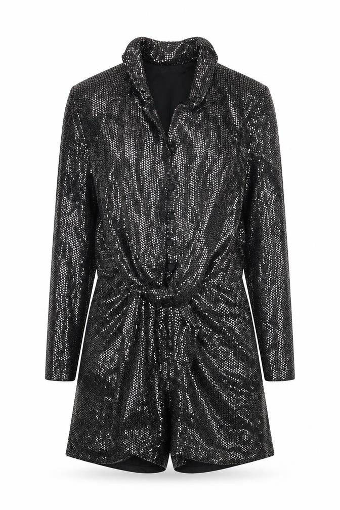 Front view of Zara women’s black polyester romper one-piece, size XS, button - tie