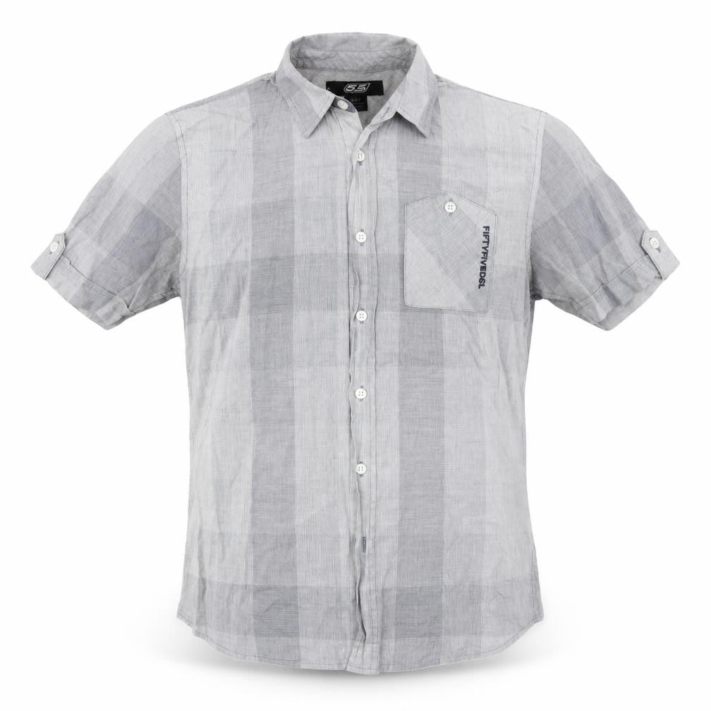 Front view of Fifty Five DSL men’s grey plaid cotton button-up, size M, collared