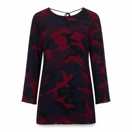 Front view of Zara women’s multicoloured camouflage polyester a-line, size S, round neck tie