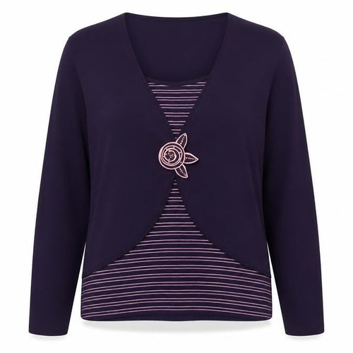 Roman Womens Purple Scoop Neck Striped Viscose Pullover Jumper Size XL