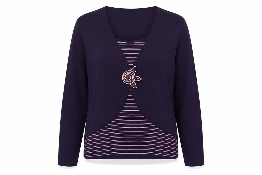 Roman Womens Purple Scoop Neck Striped Viscose Pullover Jumper Size XL