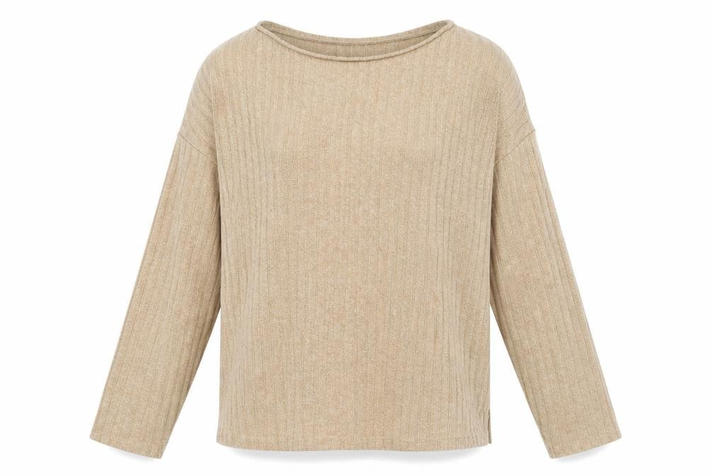 Front view of New Look women’s beige crew neck polyester jumper, size M