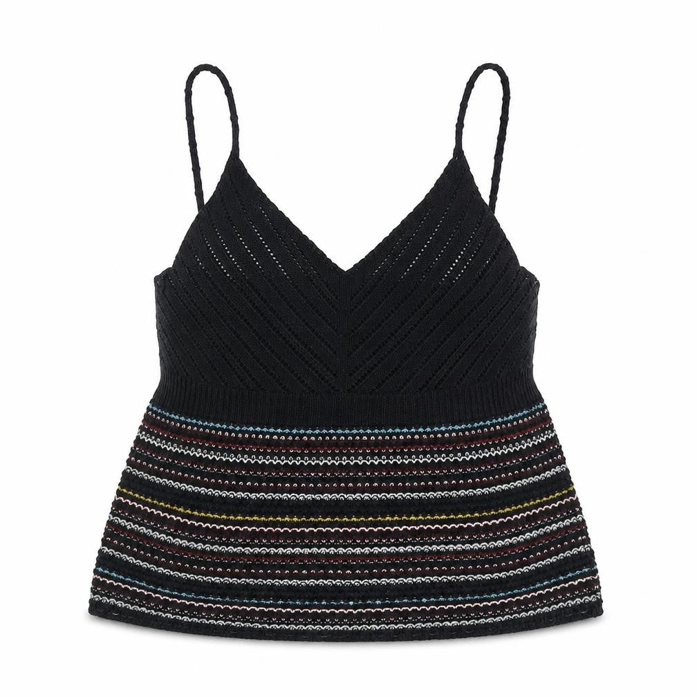 Front view of New Look women’s blue striped acrylic basic tank, size M, v-neck