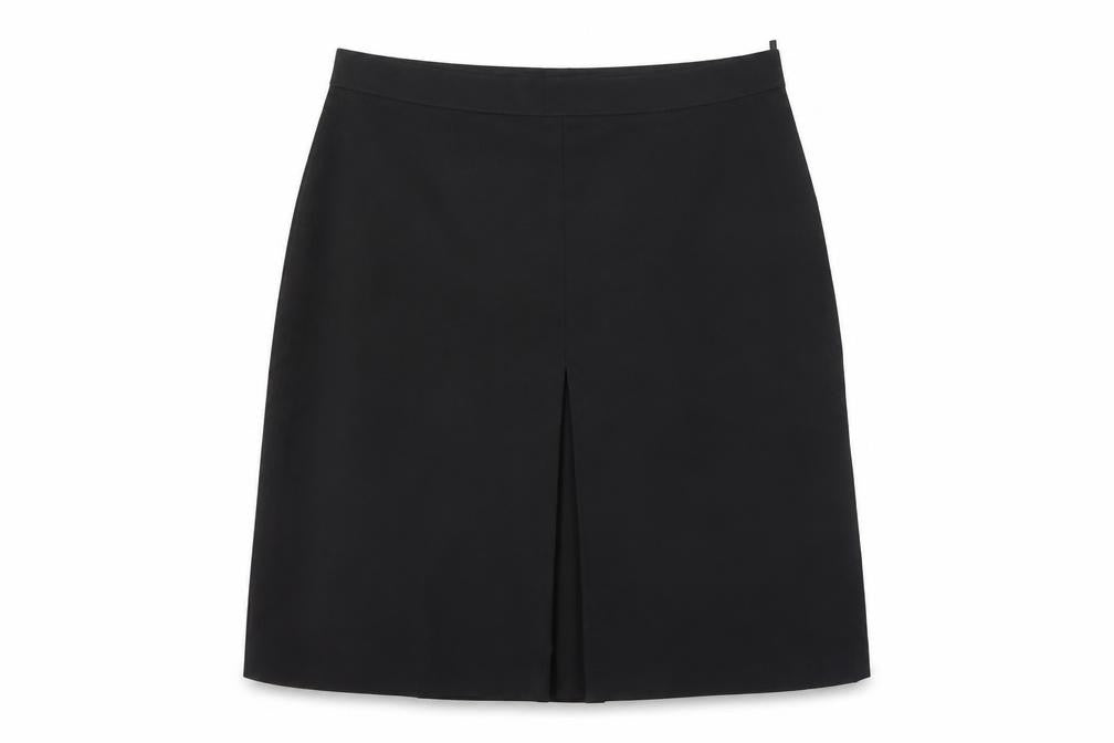 Front view of Preworn women’s black polyester a-line skirt, size UK 32, zip