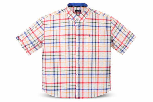 Front view of S&C men’s white plaid polyester button-up, size M, collared button