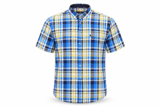 Front view of S&C men’s blue plaid polyester button-up, size M, collared button