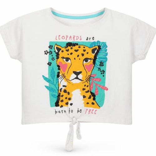 Matalan Girls White  Cotton Pullover T-Shirt Size 6 Years Crew Neck Tie - Leopard