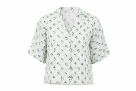 Front view of Topshop women’s green floral viscose basic button-up, size UK 10, v-neck