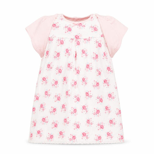 Front view of George Baby White Floral Cotton T-Shirt Dress, size 18-24, Months Crew Neck Button