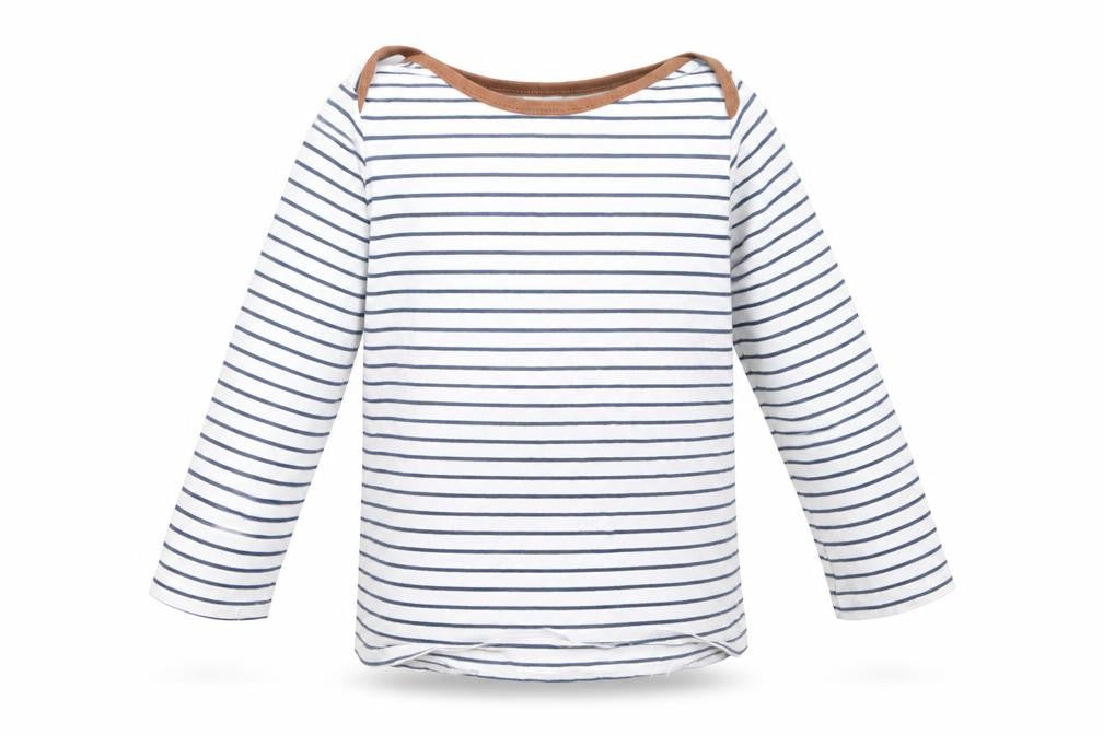 Front view of H&M Baby White Striped Cotton Basic T-Shirt, size 6-9, Months Boat Neck Pullover