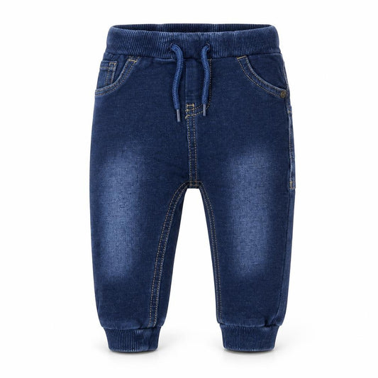 Front view of NAME IT Baby Blue Cotton Jogger Trousers, size 3-6, Months Drawstring