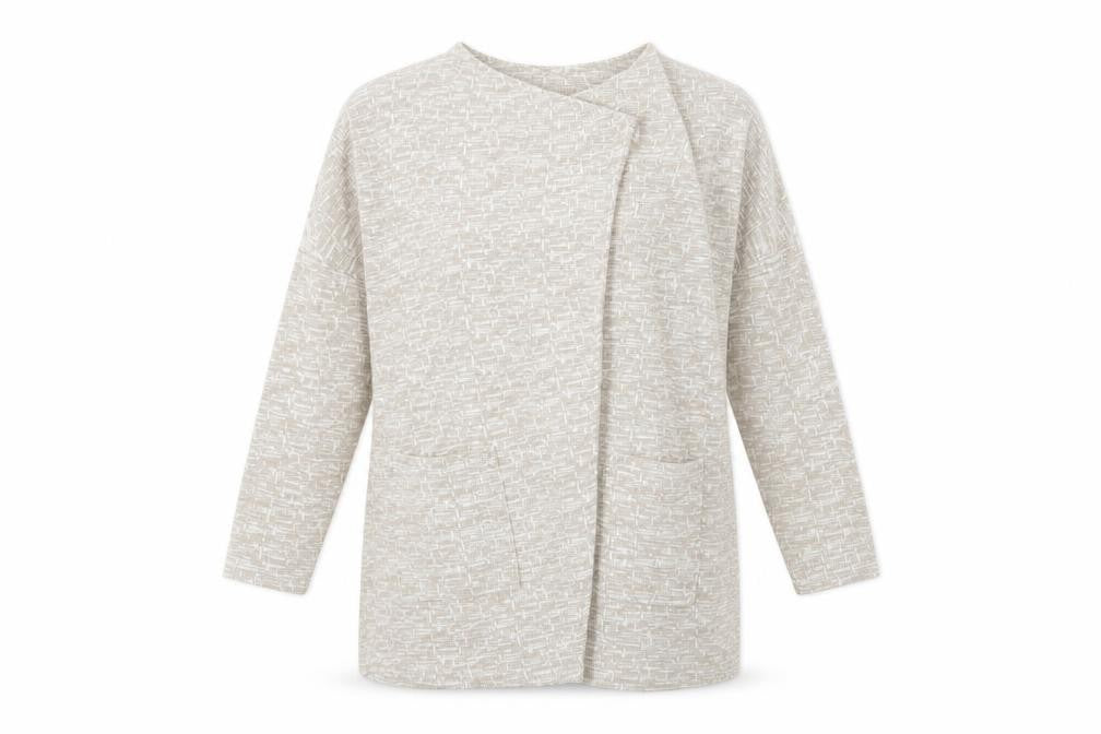 Front view of River Island women’s beige v-neck polyester cardigan jumper, size UK 14