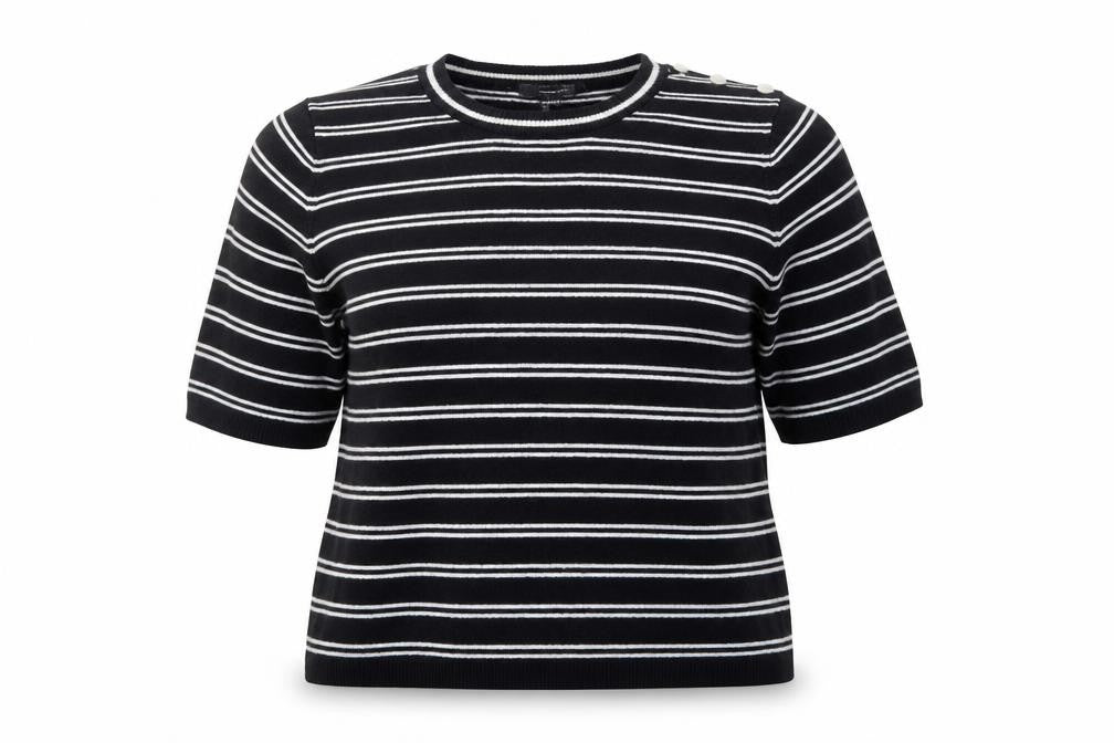 Front view of Atmosphere women’s black crew neck striped viscose jumper, size UK 18
