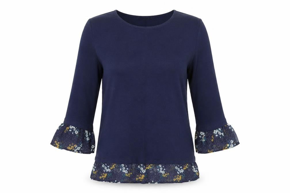 Front view of George women’s blue crew neck floral polyester jumper, size UK 8