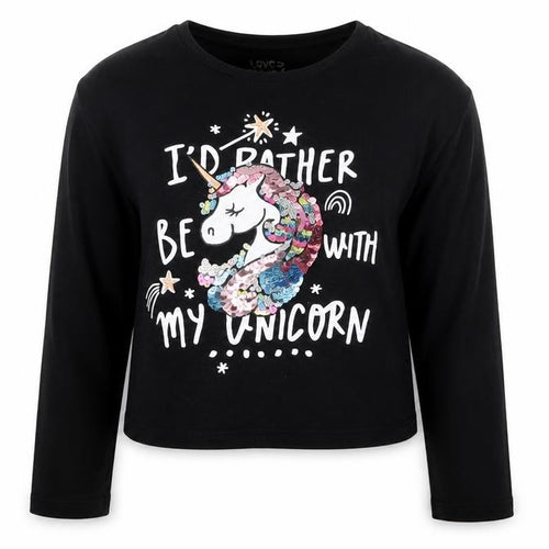 F&F Girls Black  Cotton Cropped T-Shirt Size 9-10 Years Crew Neck Pullover - I'd Rather Be With My Unicorn