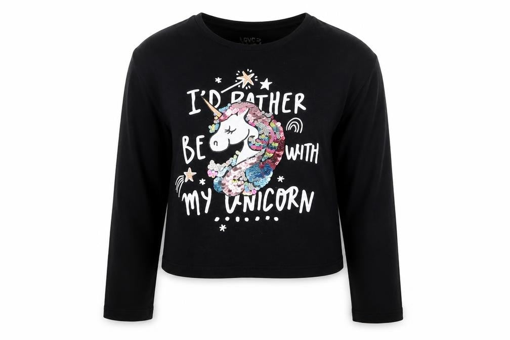 F&F Girls Black  Cotton Cropped T-Shirt Size 9-10 Years Crew Neck Pullover - I'd Rather Be With My Unicorn