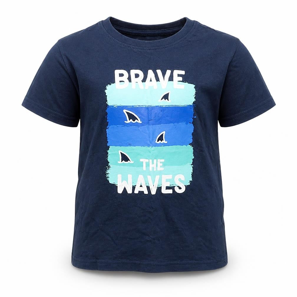 Front view of Primark boys’ blue cotton basic t-shirt, size 4-5, years crew neck pullover - brave the waves