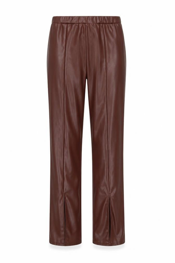 Front view of PRETTYLITTLETHING women’s brown polyester trousers, size UK 6, 34-inch leg regular