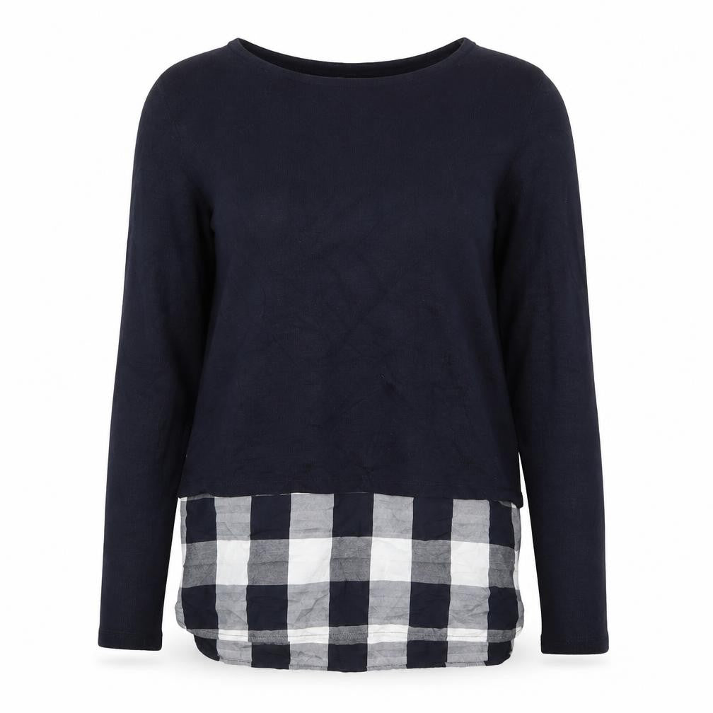 Front view of Tu women’s blue round neck check polyester jumper, size UK 10