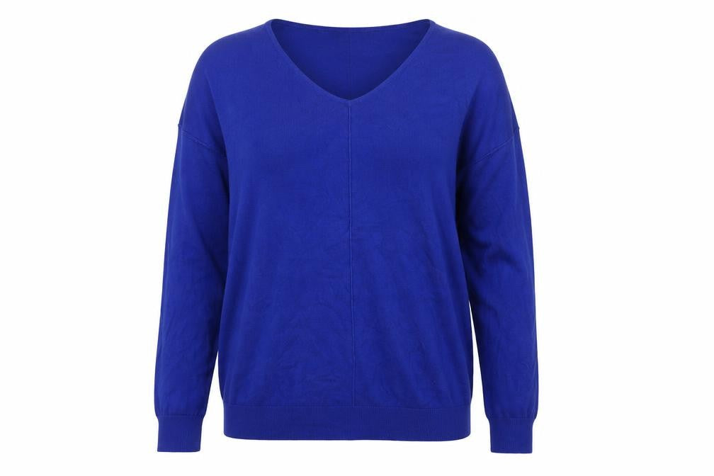 Front view of South women’s blue v-neck viscose jumper, size UK 12