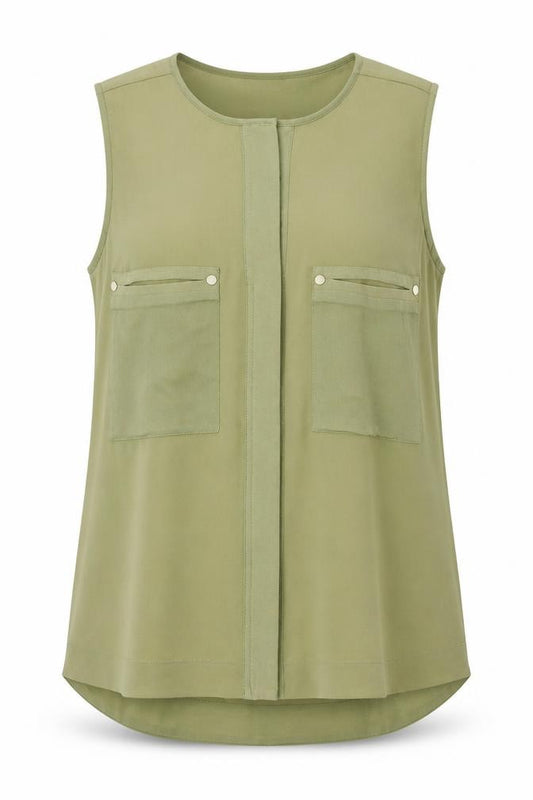 Front view of Next women’s green polyester basic tank, size UK 12, v-neck