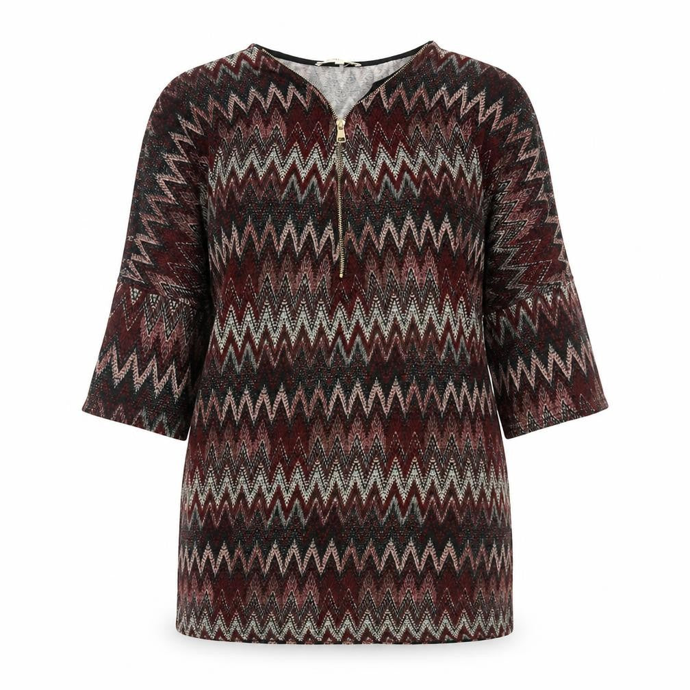 Front view of Voulez-Vous women’s red v-neck geometric polyester jumper, size L