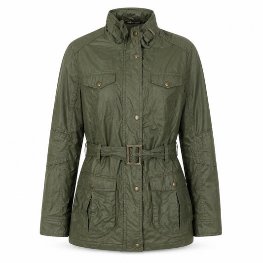 Front view of Marks & Spencer women’s green jacket coat, size UK 8, zip