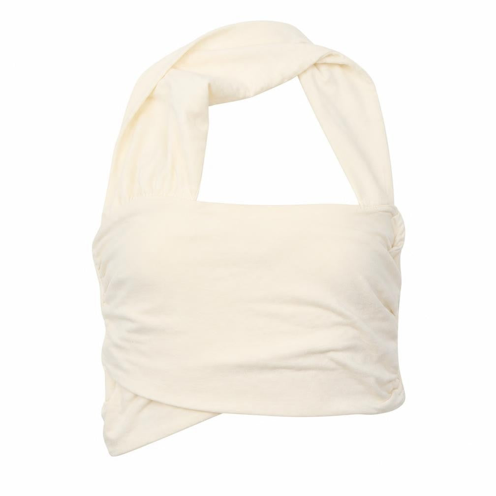 Front view of PRETTYLITTLETHING women’s ivory polyester cropped blouse, size UK 8, one shoulder