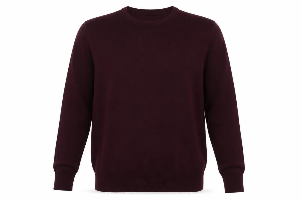 Front view of Dunnes men’s red round neck acrylic jumper, size M
