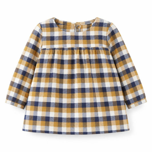 Front view of Carters Baby Blue Check 100% Cotton Shirt Dress, size 12, Months Round Neck Button