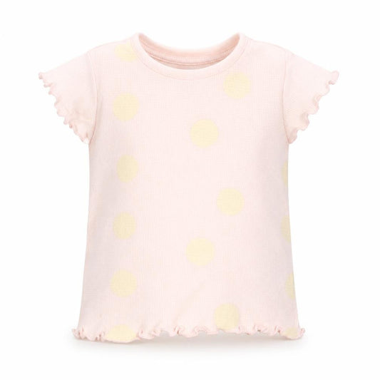 Front view of Primark girls’ pink polka dot 100% cotton basic t-shirt, size 12-18, months round neck pullover
