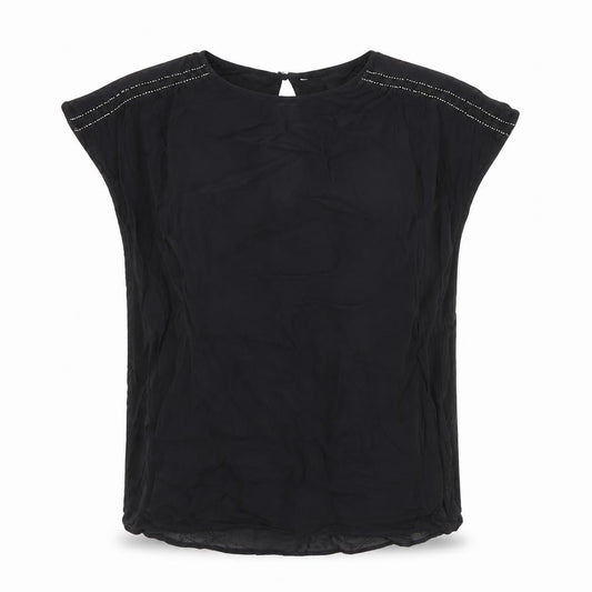 Front view of Next women’s black viscose basic blouse, size UK 12, round neck