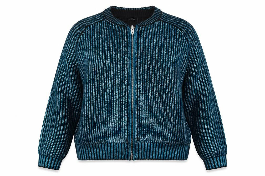 Front view of H&M women’s blue crew neck acrylic full zip jumper, size L