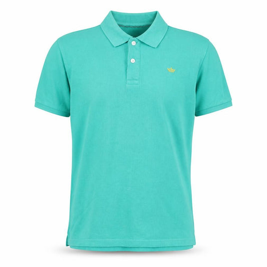 Front view of Industrialize men’s green cotton polo, size M, collared button