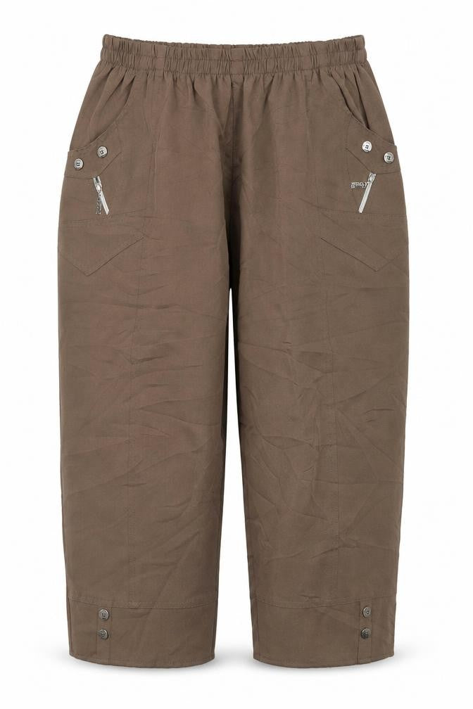 Front view of Preworn women’s brown polyester trousers, size UK 30, in regular