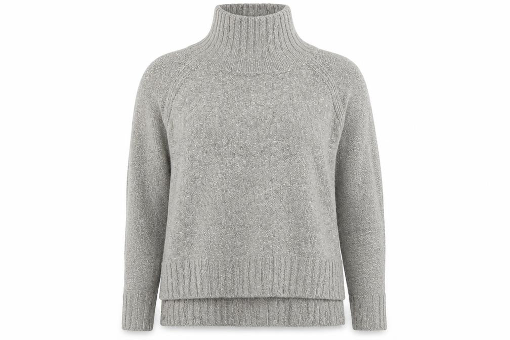 Front view of H&M men’s grey high neck acrylic jumper, size S