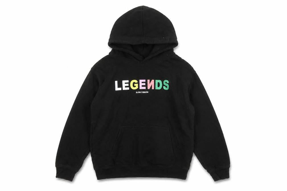 Front view of JustHoods girls’ black cotton pullover hoodie, size 9-10, years pullover - 'legends'