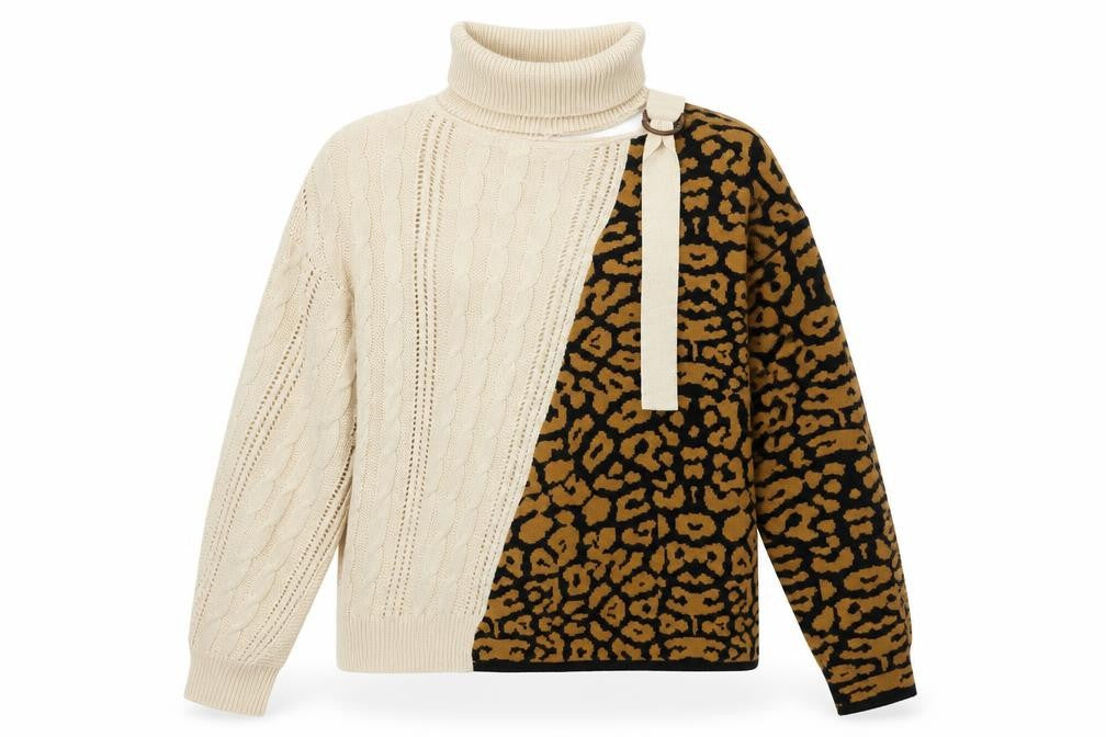 Front view of Preworn women’s beige high neck animal print polyester jumper, size S